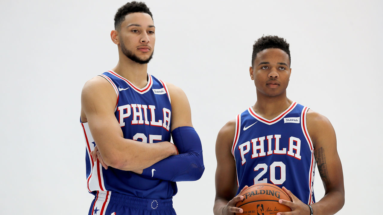 CAMDEN, NJ - SEPTEMBER 25: Ben Simmons #25 and Markelle Fultz #20 of the Philadelphia 76ers pose for a photo together during Philadelphia 76ers Media Day on September 25, 2017 at the Philadelphia 76ers Training Complex in Camden, New Jersey.NOTE TO USER: User expressly acknowledges and agrees that, by downloading and/or using this photograph, user is consenting to the terms and conditions of the Getty Images License Agreement.