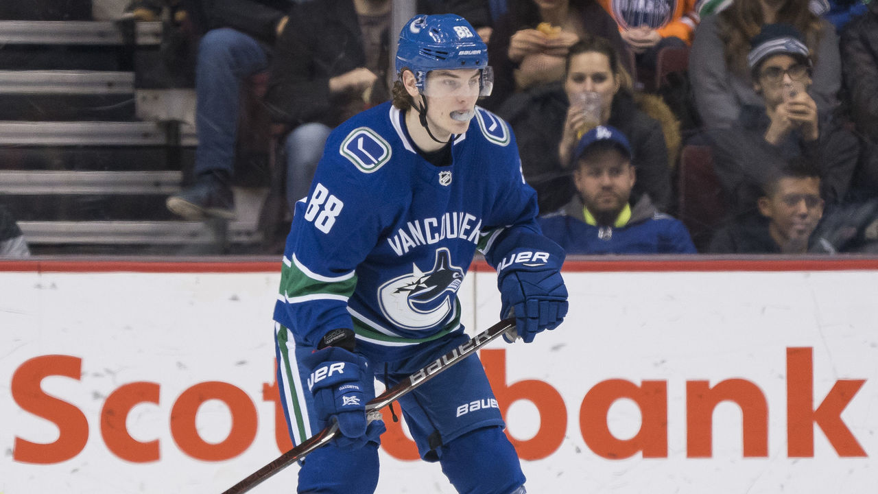 VANCOUVER, BC - MARCH 29: Adam Gaudette #88 of the Vancouver Canucks skates in NHL action against the Edmonton Oilers on March, 29, 2018 at Rogers Arena in Vancouver, British Columbia, Canada. This is Gaudette's first NHL game.