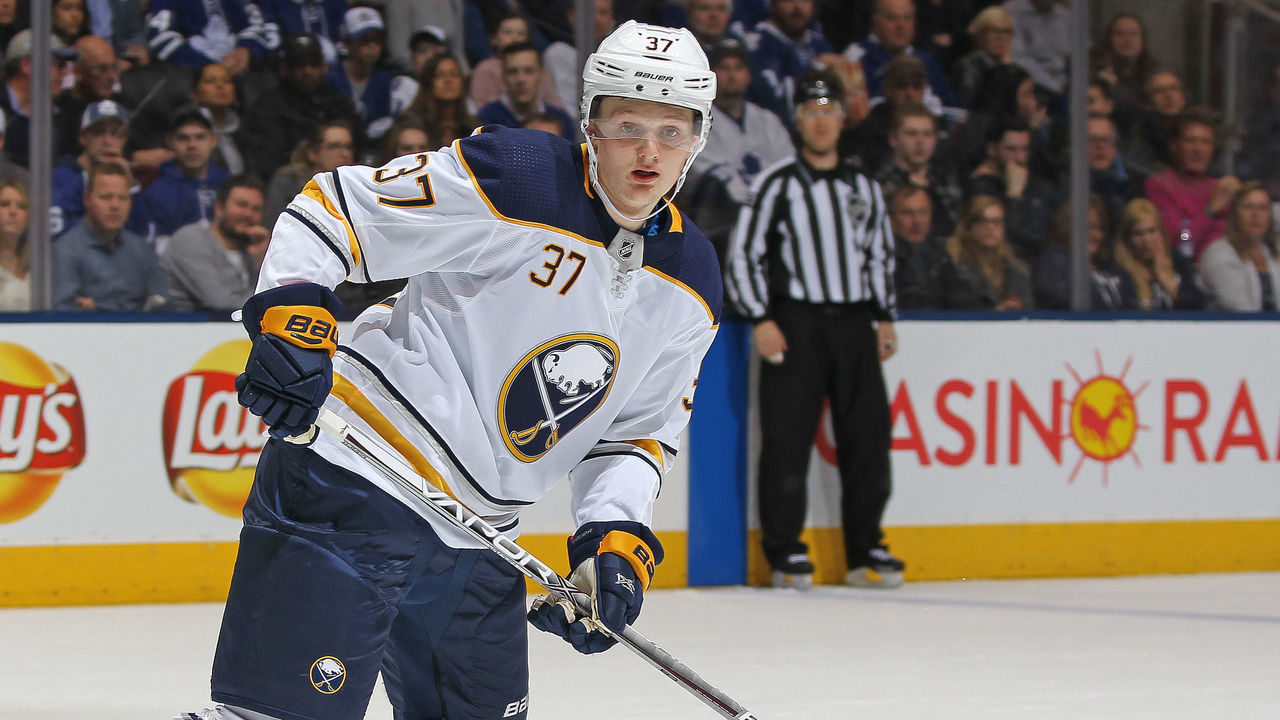 TORONTO, ON - APRIL 2: Casey Mittelstadt #37 of the Buffalo Sabres skates against the Toronto Maple Leafs during an NHL game at the Air Canada Centre on April 2, 2018 in Toronto, Ontario, Canada. The Maple Leafs defeated the Sabres 5-2. *** Local Caption *** Casey Mittelstadt