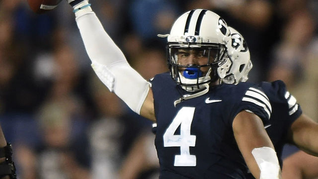 PROVO, UT - SEPTEMBER 17: Fred Warner #4 of the Brigham Young Cougars gestures after a fumble recovery against the UCLA Bruins at LaVell Edwards Stadium on September 17, 2016 in Provo, Utah.