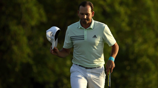AUGUSTA, GA - APRIL 06: Sergio Garcia of Spain tips his cap as he walks to the 18th green during the second round of the 2018 Masters Tournament at Augusta National Golf Club on April 6, 2018 in Augusta, Georgia.