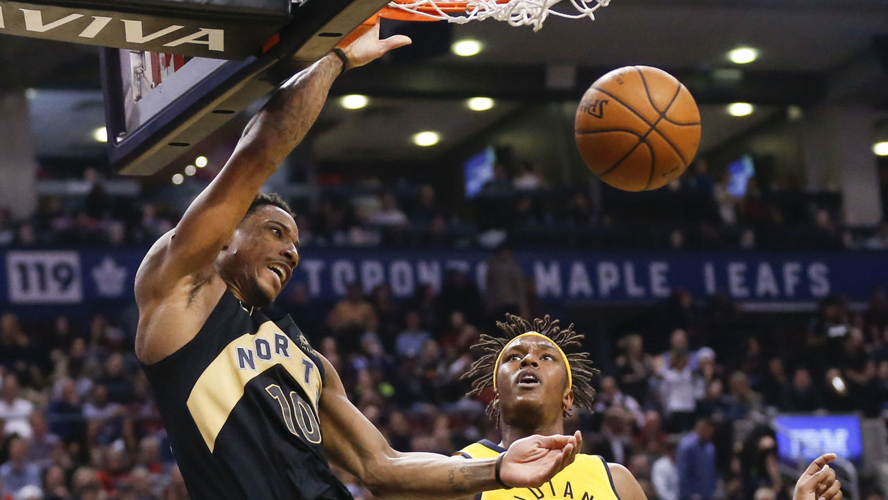 TORONTO, ON - APRIL 6 - Toronto Raptors guard DeMar DeRozan (10) makes the dunk past Indiana Pacers center Myles Turner (33) in the 2nd quarter as the Toronto Raptors host the Indiana Pacers at Air Canada Centre, Toronto. April 4, 2018. April 6, 2018. Bernard Weil/Toronto Star (Bernard Weil/Toronto Star via Getty Images)