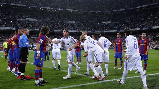 MADRID, SPAIN - MAY 07: Barcelona players form a guard of honour for La Liga champions Real Madrid before the start of the La Liga match between Real Madrid and Barcelona at the Santiago Bernabeu stadium on May 7, 2008 in Madrid, Spain.
