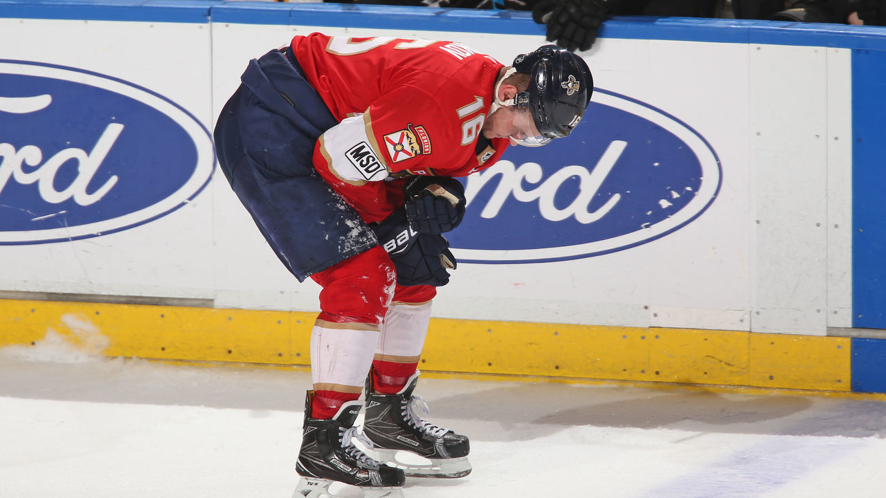 SUNRISE, FL - APRIL 5: Aleksander Barkov #16 of the Florida Panthers skates off the ice after being injured during third period action against the Boston Bruins at the BB&T Center on April 5, 2018 in Sunrise, Florida. The Panthers defeated the Bruins 3-2. *** Local Caption *** Aleksander Barkov