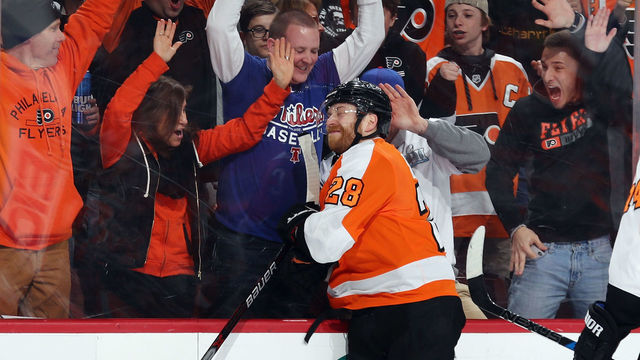 PHILADELPHIA, PA - APRIL 07: Claude Giroux #28 of the Philadelphia Flyers celebrates his goal at 17:59 of the second period against the New York Rangers at the Wells Fargo Center on April 7, 2018 in Philadelphia, Pennsylvania.