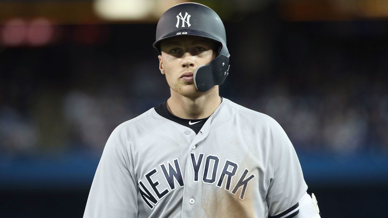 TORONTO, ON - MARCH 31: Brandon Drury #29 of the New York Yankees heads back to the dugout after lining out in the ninth inning during MLB game action against the Toronto Blue Jays at Rogers Centre on March 31, 2018 in Toronto, Canada. *** Local Caption *** Brandon Drury