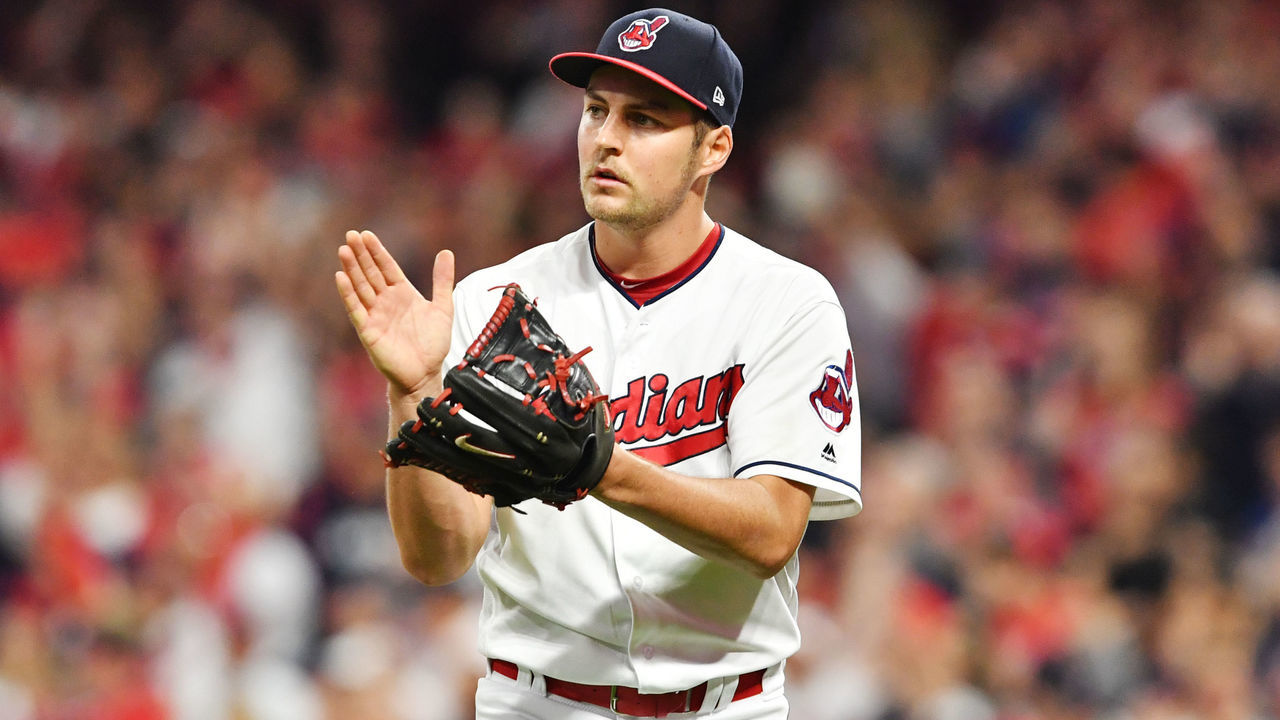 CLEVELAND, OH - OCTOBER 05: Trevor Bauer #47 of the Cleveland Indians celebrates after retiring the side in the third inning against the New York Yankees during game one of the American League Division Series at Progressive Field on October 5, 2017 in Cleveland, Ohio.