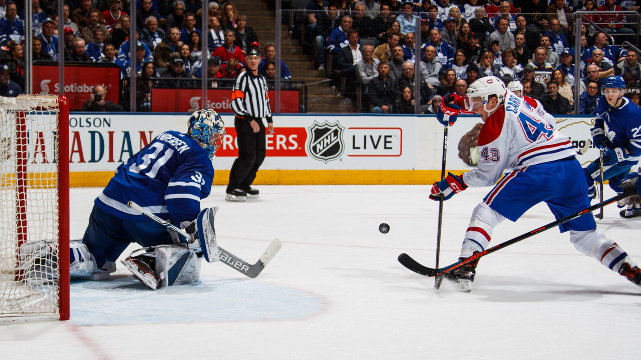 TORONTO, ON - APRIL 7: Daniel Carr #43 of the Montreal Canadiens shoots on Frederik Andersen #31 of the Toronto Maple Leafs and then scores on the rebound during the second period at the Air Canada Centre on April 7, 2018 in Toronto, Ontario, Canada.