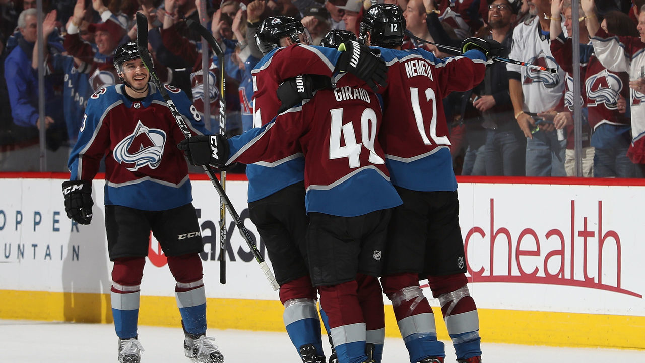 DENVER, CO - APRIL 07: Samuel Girard #49 of the Colorado Avalanche is congratulated by Matt Nieto #83, Blake Comeau #14 and Patrik Nemeth #12 after scoring a goal against the St Louis Blues at the Pepsi Center on April 7, 2018 in Denver, Colorado.