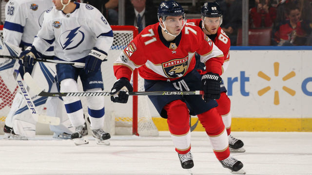 SUNRISE, FL - OCTOBER 30: Radim Vrbata #71 of the Florida Panthers skates back to retrieve the puck during a power play against the Tampa Bay Lightning at the BB&T Center on October 30, 2017 in Sunrise, Florida. The Lightning defeated the Panthers 8-5.