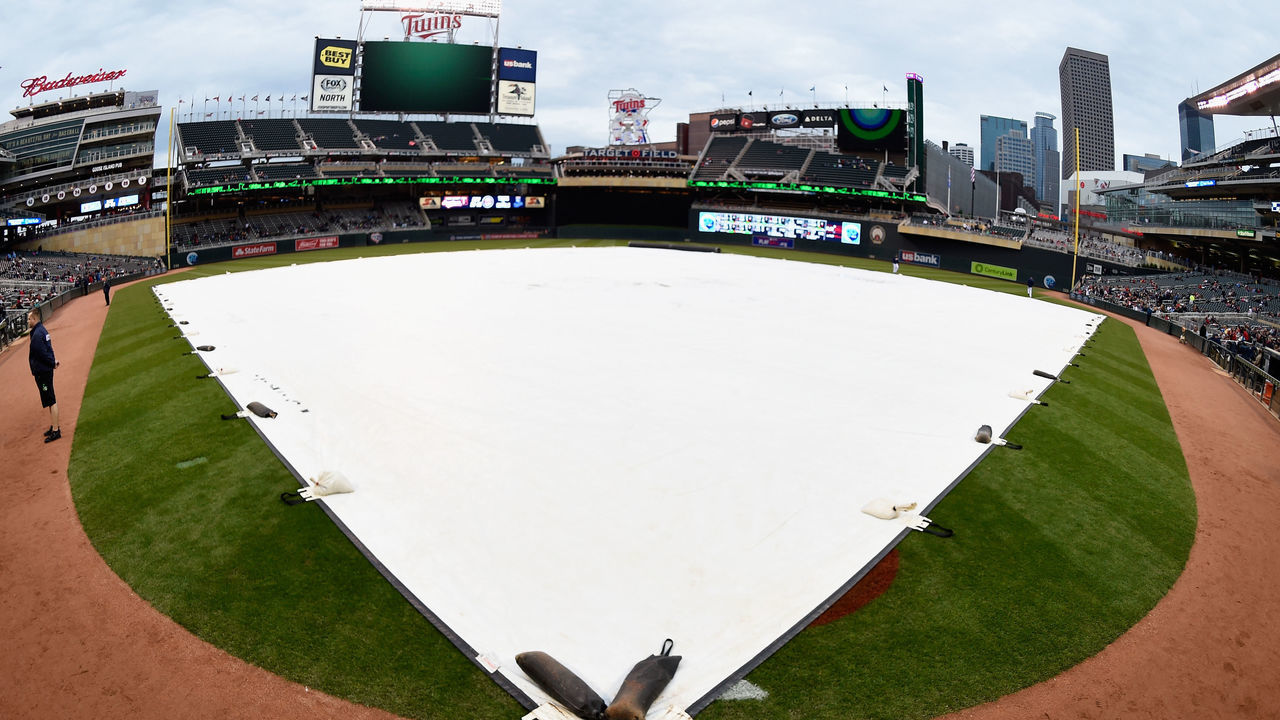 MINNEAPOLIS, MN - MAY 9: The tarp is seen on the field after the game between the Minnesota Twins and the Baltimore Orioles was postponed due to inclement weather on May 9, 2016 at Target Field in Minneapolis, Minnesota.