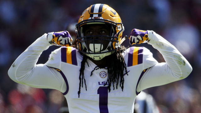 BATON ROUGE, LA - NOVEMBER 11: Donte Jackson #1 of the LSU Tigers reacts after a sack against the Arkansas Razorbacks at Tiger Stadium on November 11, 2017 in Baton Rouge, Louisiana.