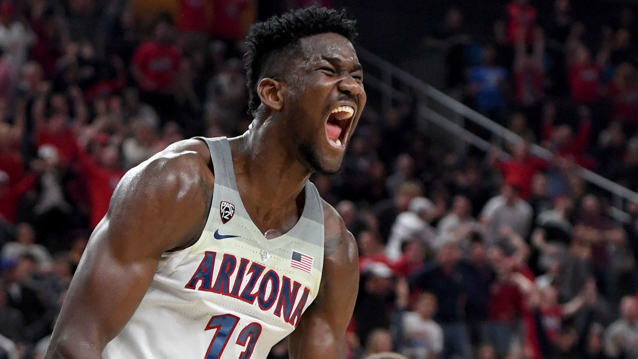 LAS VEGAS, NV - MARCH 10: Deandre Ayton #13 of the Arizona Wildcats reacts after dunking against the USC Trojans during the championship game of the Pac-12 basketball tournament at T-Mobile Arena on March 10, 2018 in Las Vegas, Nevada. The Wildcats won 75-61.