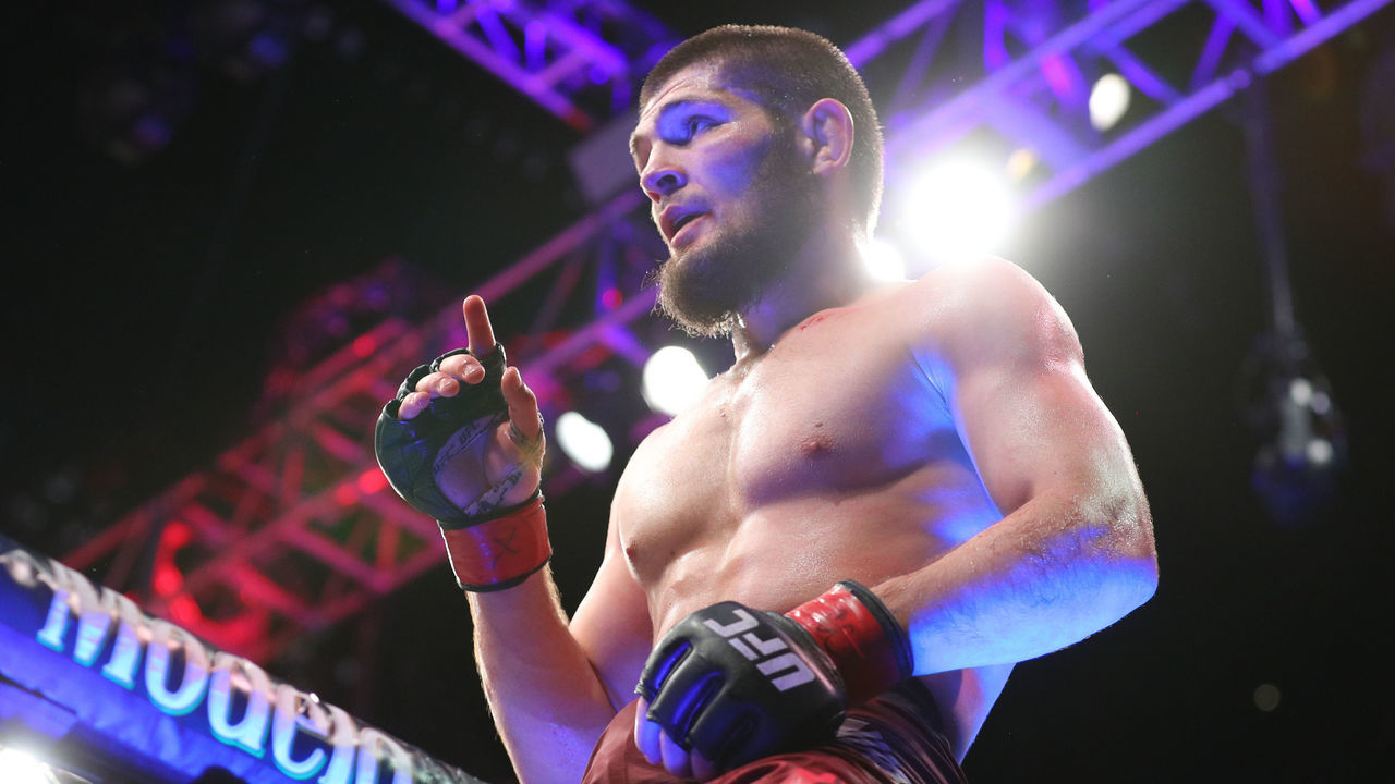 NEW YORK, NY - APRIL 07: Khabib Nurmagomedov celebrates his win over Al Iaquinta (not shown) to capture the UFC lightweight championship at UFC 223 at Barclays Center on April 7, 2018 in New York City.