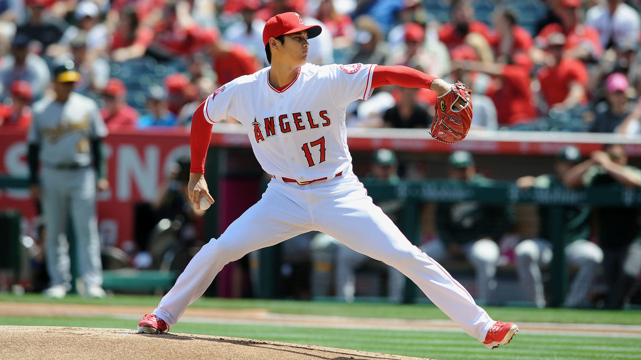 ANAHEIM, CA - APRIL 08: Los Angeles Angels of Anaheim pitcher Shohei Ohtani (17) in action during the first inning of a game against the Oakland Athletics played on April 8, 2018 at Angel Stadium of Anaheim in Anaheim, CA