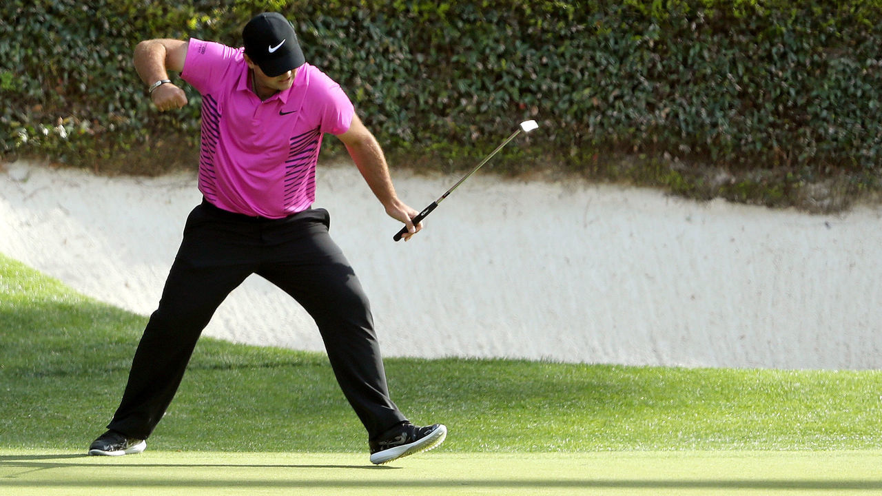 AUGUSTA, GA - APRIL 08: Patrick Reed of the United States celebrates a putt for birdie on the 12th hole during the final round of the 2018 Masters Tournament at Augusta National Golf Club on April 8, 2018 in Augusta, Georgia.
