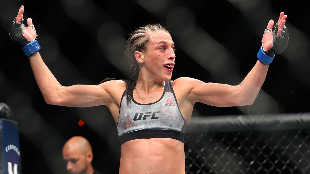 NEW YORK, NY - APRIL 07: Joanna Jedrzejczyk reacts in between rounds of her UFC women's strawweight championship bout at UFC 223 at Barclays Center on April 7, 2018 in New York City.