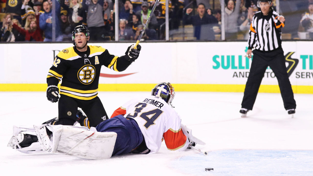 BOSTON, MA - APRIL 08: David Backes #42 of the Boston Bruins reacts after scoring against James Reimer #34 of the Florida Panthers during the first period at TD Garden on April 8, 2018 in Boston, Massachusetts.