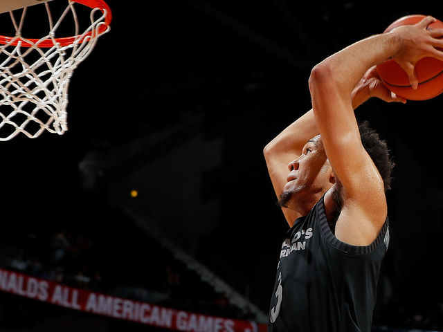 ATLANTA, GA - MARCH 28: EJ Montgomery #3 of Wheeler High School dunks during the 2018 McDonald's All American Game at Philips Arena on March 28, 2018 in Atlanta, Georgia.