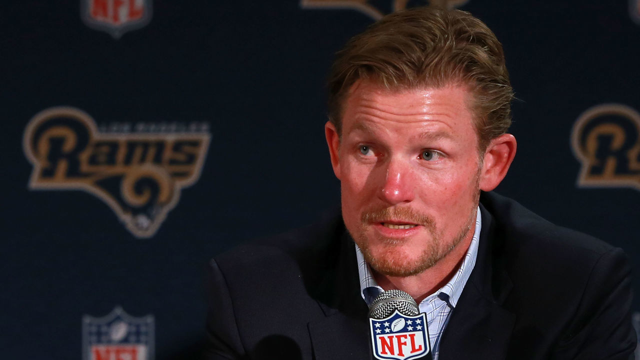 LOS ANGELES, CA - APRIL 29: General Manager Les Snead of the Los Angeles Rams speaks onstage during the press conference to introduce Jared Goff, the Los Angeles Rams' first pick and first overall pick of the 2016 NFL Draft, on April 29, 2016 in Los Angeles, California.