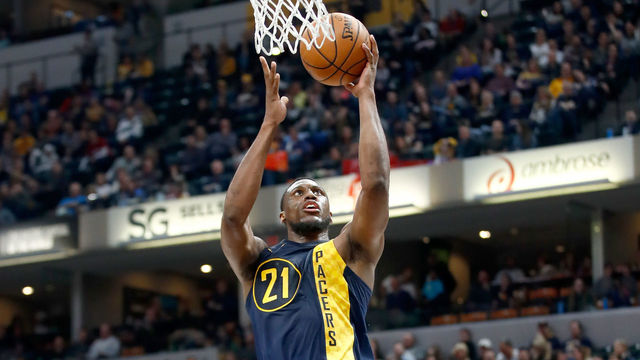 INDIANAPOLIS, IN - FEBRUARY 23: Thaddeus Young #21 of the Indiana Pacers shoots the ball against the Atlanta Hawks during the game at Bankers Life Fieldhouse on February 23, 2018 in Indianapolis, Indiana.