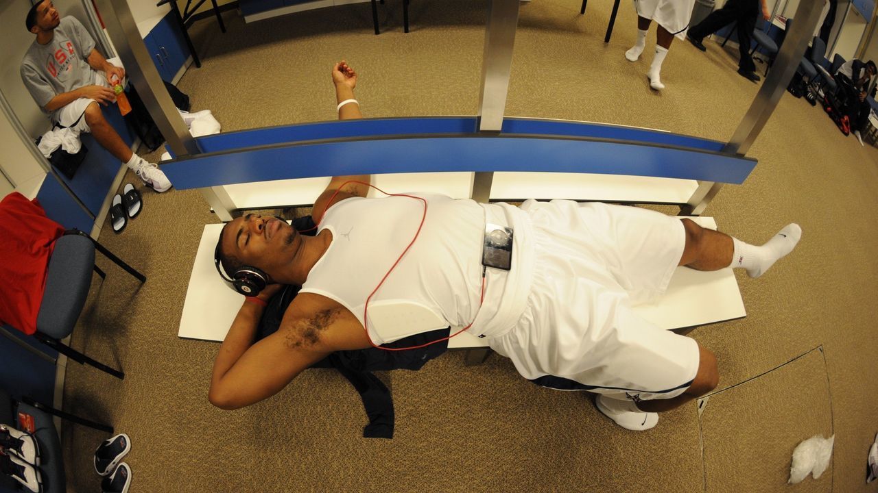 MACAO, CHINA - AUGUST 1: Chris Paul #13 of the U.S. Men's Senior National Team takes a nap prior o the game against Lithuania on August 1, 2008 at the Cotai Arena in Macao, China. The U.S. Men's National Team defeat Lithuania 120-84. NOTE TO USER:User expressly acknowledges and agrees that, by downloading and/or using this Photograph, user is consenting to the terms and conditions of the Getty Images License Agreement. Mandatory Copyright Notice: Copyright 2008 NBAE