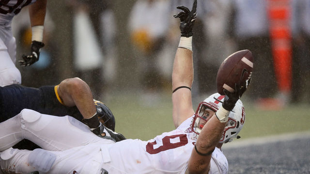 BERKELEY, CA - NOVEMBER 19: Dalton Schultz #9 of the Stanford Cardinal reacts after scoring a touchdown against the California Golden Bears at California Memorial Stadium on November 19, 2016 in Berkeley, California.