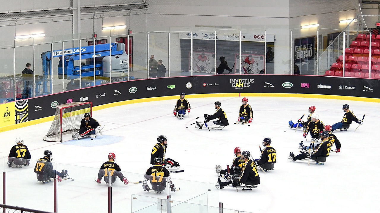 ETOBICOKE, ON - SEPTEMBER 29: Competitors practice sledge hockey during the Invictus Games 2017 at the MasterCard Centre For Hockey Excellence on September 29, 2017 in Etobicoke, Canada