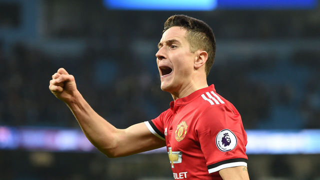MANCHESTER, ENGLAND - APRIL 07: Ander Herrera of Manchester United celebrates his side's victory following the Premier League match between Manchester City and Manchester United at Etihad Stadium on April 7, 2018 in Manchester, England.