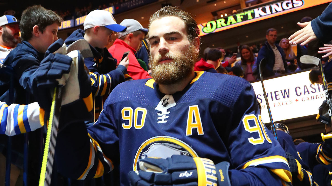 BUFFALO, NY - MARCH 23: Ryan O'Reilly #90 of the Buffalo Sabres heads to warm up before the game against the Montreal Canadiens at KeyBank Center on March 23, 2018 in Buffalo, New York.