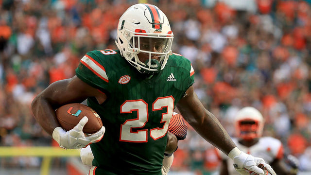 MIAMI GARDENS, FL - OCTOBER 21: Christopher Herndon IV #23 of the Miami Hurricanes rushes during a game against the Syracuse Orange at Sun Life Stadium on October 21, 2017 in Miami Gardens, Florida.