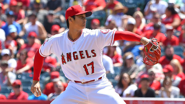 ANAHEIM, CA - APRIL 08: Shohei Ohtani #17 of the Los Angeles Angels pitches in the first inning of the game against the Oakland Athletics at Angel Stadium on April 8, 2018 in Anaheim, California.