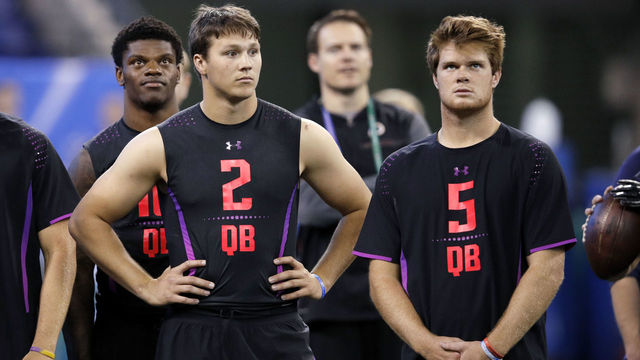 INDIANAPOLIS, IN - MARCH 03: USC quarterback Sam Darnold (right) and Wyoming quarterback Josh Allen look on during the NFL Combine at Lucas Oil Stadium on March 3, 2018 in Indianapolis, Indiana.