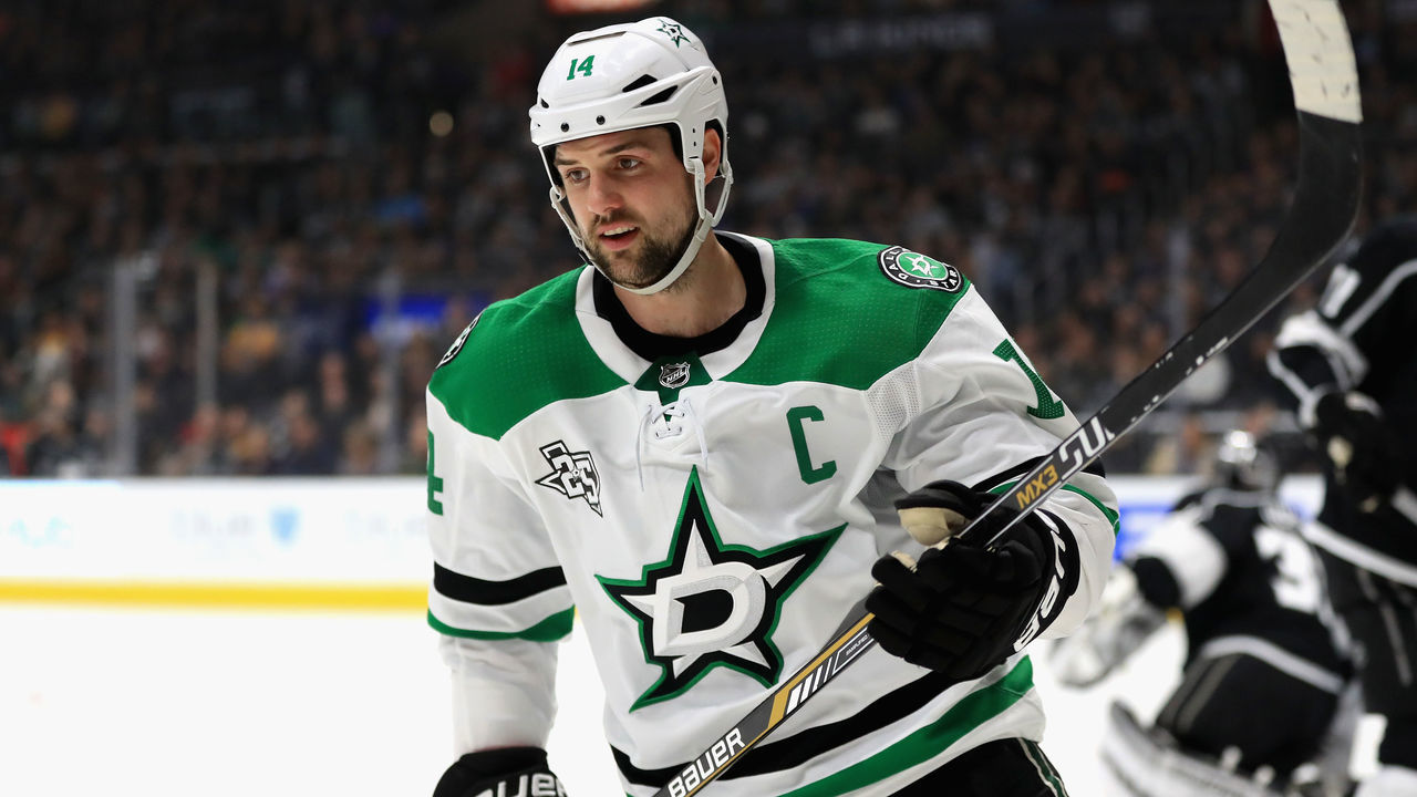 LOS ANGELES, CA - APRIL 07: Jamie Benn #14 of the Dallas Stars looks on after scoring a goal during the first period of a game against the Los Angeles Kings at Staples Center on April 7, 2018 in Los Angeles, California.