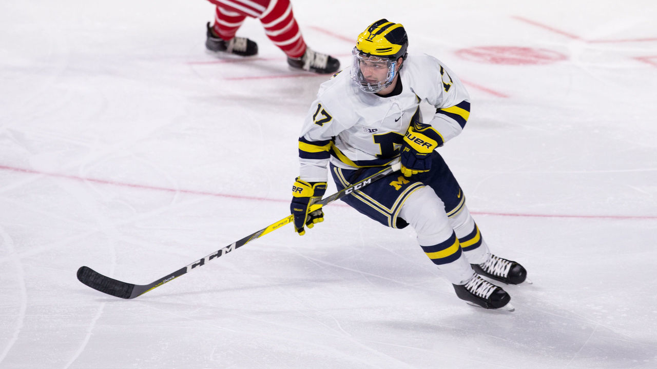 WORCESTER, MA - MARCH 25: Tony Calderone #17 of the Michigan Wolverines skates against the Boston University Terriers during the NCAA Division I Men's Ice Hockey Northeast Regional Championship Final at the DCU Center on March 25, 2018 in Worcester, Massachusetts. The Wolverines won 6-3 and advanced to the Frozen Four in Minnesota. *** Local Caption *** Tony Calderone