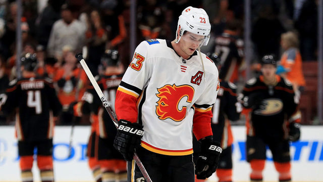 ANAHEIM, CA - DECEMBER 29: Sean Monahan #23 of the Calgary Flames looks on after losing to the Anaheim Ducks 2-1 in a game at Honda Center on December 29, 2017 in Anaheim, California.