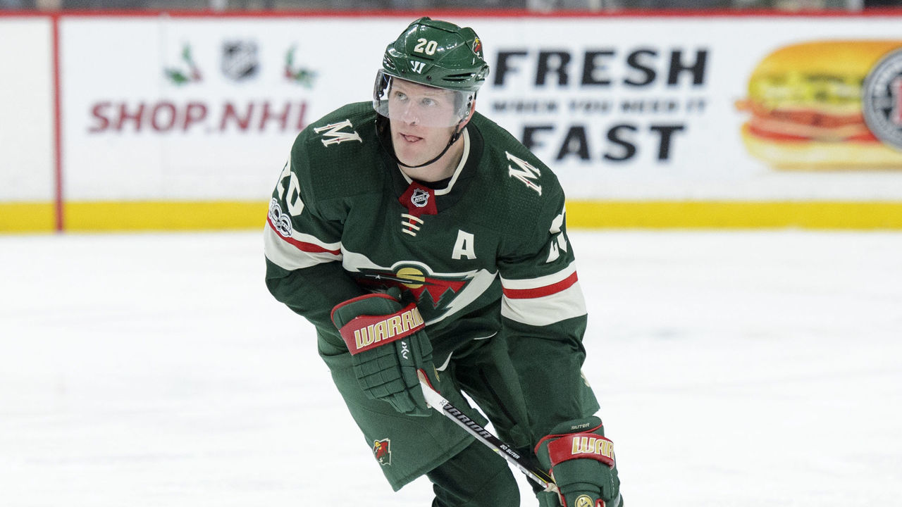 ST PAUL, MN - NOVEMBER 30: Ryan Suter #20 of the Minnesota Wild controls the puck against the Vegas Golden Knights during the game on November 30, 2017 at Xcel Energy Center in St Paul, Minnesota. The Wild defeated the Knights 4-2.