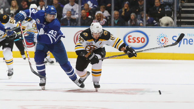 TORONTO, ON - NOVEMBER 10: Brad Marchand #63 of the Boston Bruins skates against the Toronto Maple Leafs at the Air Canada Centre on November 10, 2017 in Toronto, Canada. The Maple Leafs defeated the Bruins 3-2 in overtime.