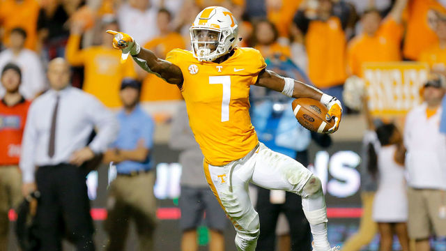 KNOXVILLE, TN - NOVEMBER 04: Rashaan Gaulden #7 of the Tennessee Volunteers reacts after a fumble recovery against the Southern Miss Golden Eagles during the second half at Neyland Stadium on November 4, 2017 in Knoxville, Tennessee.