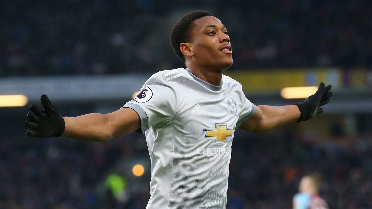 BURNLEY, ENGLAND - JANUARY 20: Anthony Martial of Manchester United celebrates after scoring his sides first goal during the Premier League match between Burnley and Manchester United at Turf Moor on January 20, 2018 in Burnley, England.