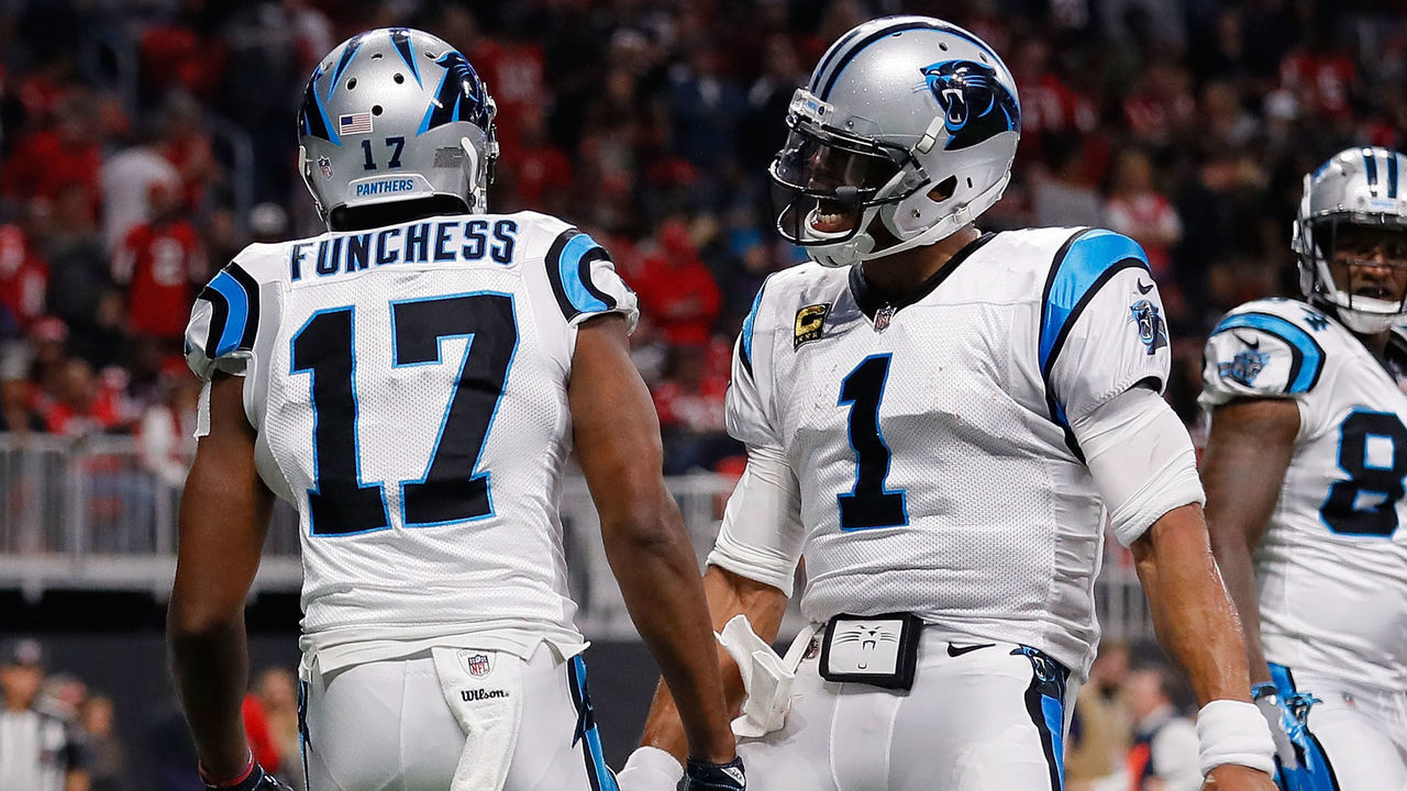 ATLANTA, GA - DECEMBER 31: Cam Newton #1 celebrates a touchdown with Devin Funchess #17 of the Carolina Panthers during the first half against the Atlanta Falcons at Mercedes-Benz Stadium on December 31, 2017 in Atlanta, Georgia.