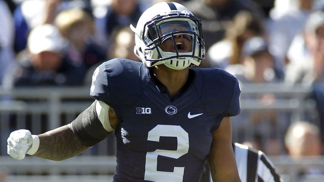 STATE COLLEGE, PA - OCTOBER 10: Marcus Allen #2 of the Penn State Nittany Lions reacts after sacking Zander Diamont #12 of the Indiana Hoosiers in the first half during the game on October 10, 2015 at Beaver Stadium in State College, Pennsylvania.