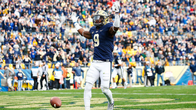 PITTSBURGH, PA - NOVEMBER 07: Jordan Whitehead #9 of the Pittsburgh Panthers reacts after scoring a touchdown in the second half against the Notre Dame Fighting Irish during the game at Heinz Field on November 7, 2015 in Pittsburgh, Pennsylvania.