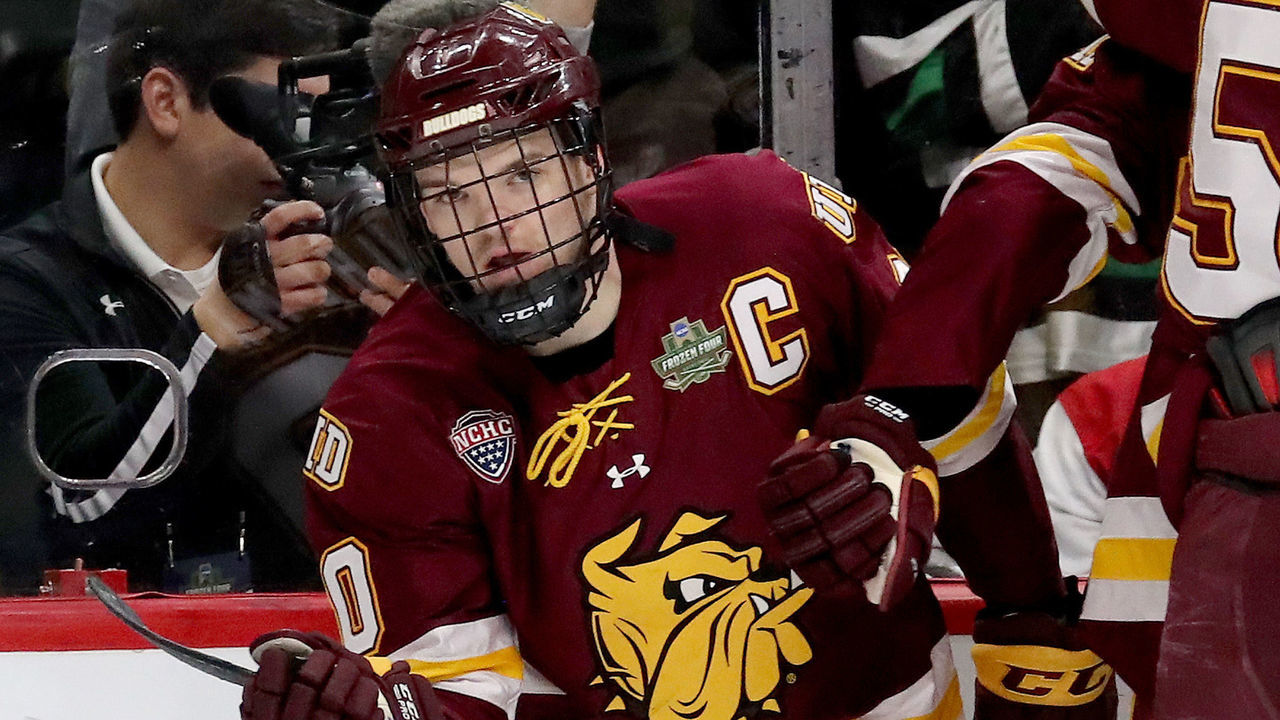 ST PAUL, MN - APRIL 07: Karson Kuhlman #20 of the Minnesota-Duluth Bulldogs celebrates his goal in the first period against the Notre Dame Fighting Irish during the championship game of the 2018 NCAA Division I Men's Hockey Championships on April 7, 2018 at Xcel Energy Center in St Paul, Minnesota.