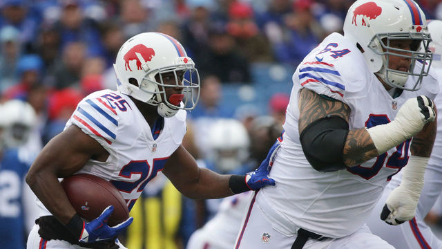 ORCHARD PARK, NY - SEPTEMBER 13: LeSean McCoy #25 of the Buffalo Bills runs the ball behind Richie Incognito #64 of the Buffalo Bills against the Indianapolis Colts during the first half at Ralph Wilson Stadium on September 13, 2015 in Orchard Park, New York.