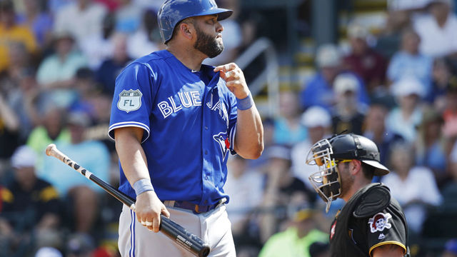 BRADENTON, FL - FEBRUARY 28: Kendrys Morales #8 of the Toronto Blue Jays reacts after swinging and missing a pitch in the third inning of a Grapefruit League spring training game against the Pittsburgh Pirates at McKechnie Field on February 28, 2017 in Bradenton, Florida.