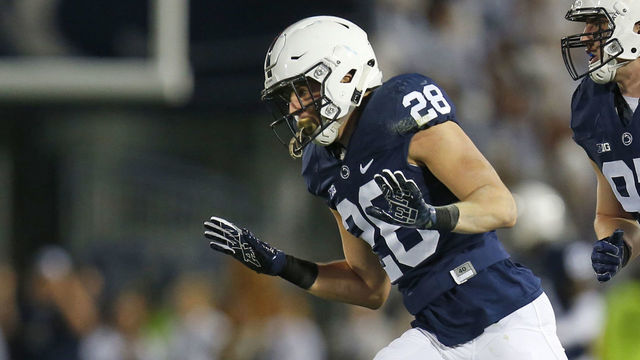 STATE COLLEGE, PA - OCTOBER 21: Troy Apke #28 of the Penn State Nittany Lions reacts after tackling Sean McKeon #84 of the Michigan Wolverines in the first half on October 21, 2017 at Beaver Stadium in State College, Pennsylvania.