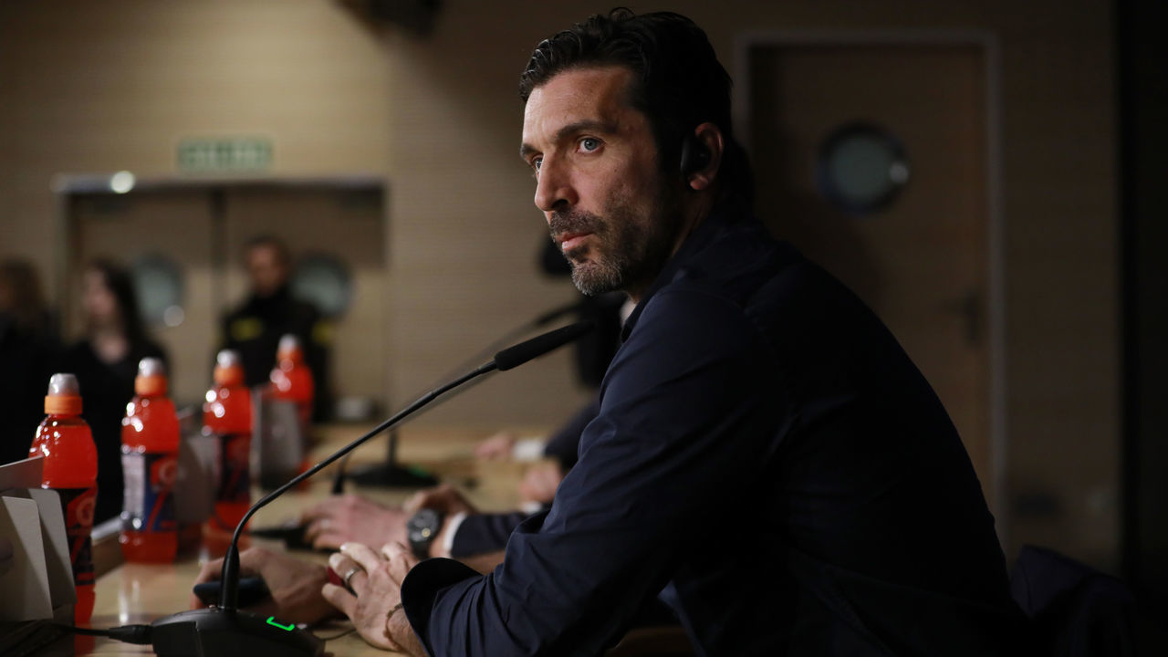 MADRID, SPAIN - APRIL 10: Gianluigi Buffon of Juventus looks on during the Juventus Press Conference at Estadio Santiago Bernabeu on April 10, 2018 in Madrid, Spain.