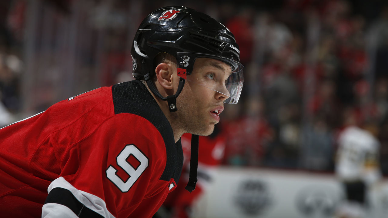 NEWARK, NJ - MARCH 4: Taylor Hall #9 of the New Jersey Devils warms up prior to taking on the Vegas Golden Knights at the Prudential Center on March 4, 2018 in Newark, New Jersey.