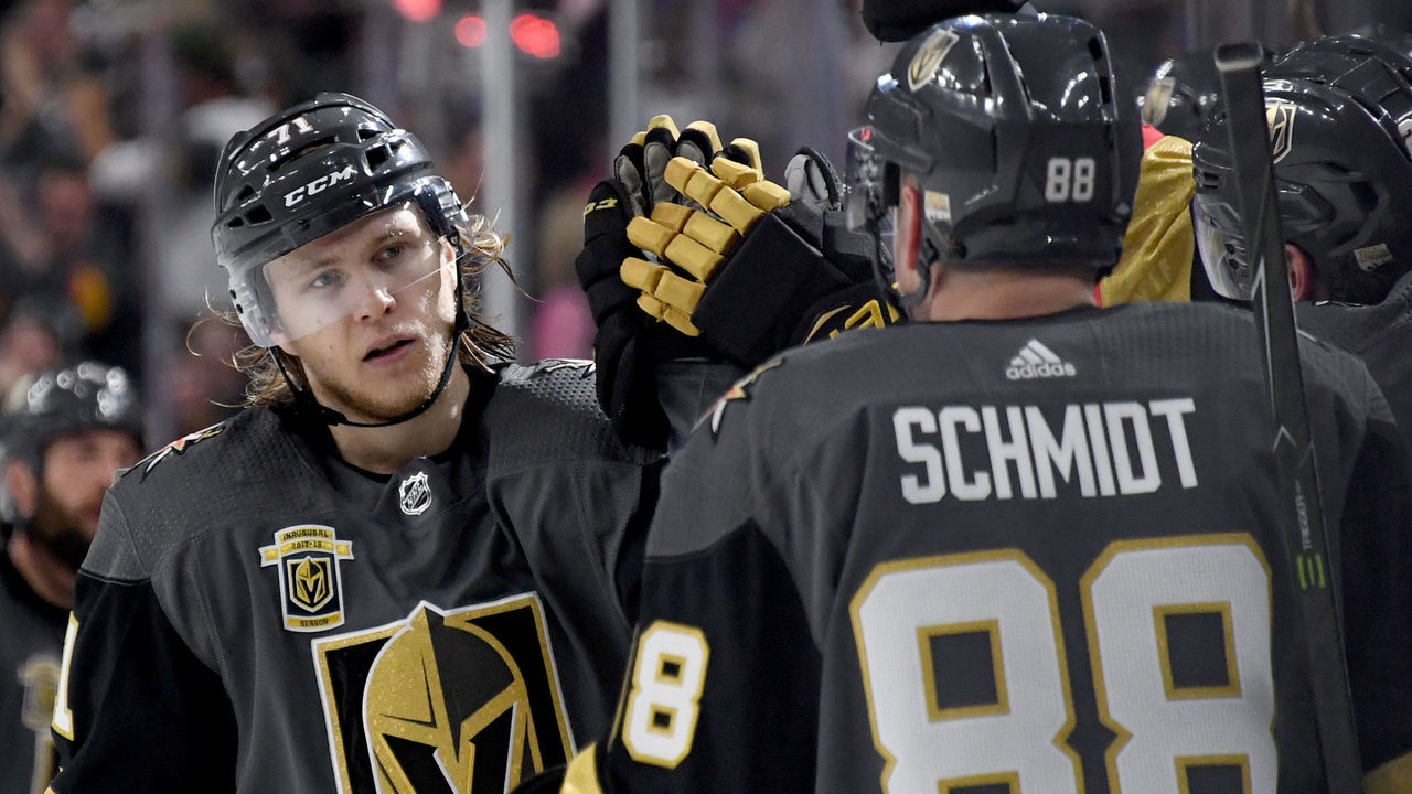 LAS VEGAS, NV - MARCH 31: William Karlsson #71 of the Vegas Golden Knights celebrates with teammates on the bench after he scored a short-handed game-winning goal against the San Jose Sharks in the third period of their game at T-Mobile Arena on March 31, 2018 in Las Vegas, Nevada. The Golden Knights won 3-2 and clinched the Pacific Division title.